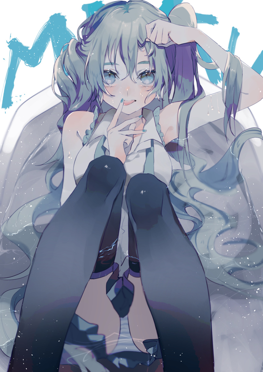 1girl absurdres against_wall arm_up armpit_crease armpits bare_shoulders black_skirt black_thighhighs blue_eyes blue_hair blue_nails blush breasts character_name commentary_request feet_out_of_frame finger_to_mouth hair_between_eyes hair_half_undone hatsune_miku highres holding holding_hair knees_together_feet_apart knees_up long_bangs long_hair looking_at_viewer medium_breasts miniskirt nail_polish necktie open_mouth panties pantyshot pleated_skirt shirt sidelocks sitting skirt sleeveless sleeveless_shirt solo striped striped_panties teppeki_skirt thighhighs tongue tongue_out twintails un_known9999 underwear undone_necktie very_long_hair vocaloid white_shirt