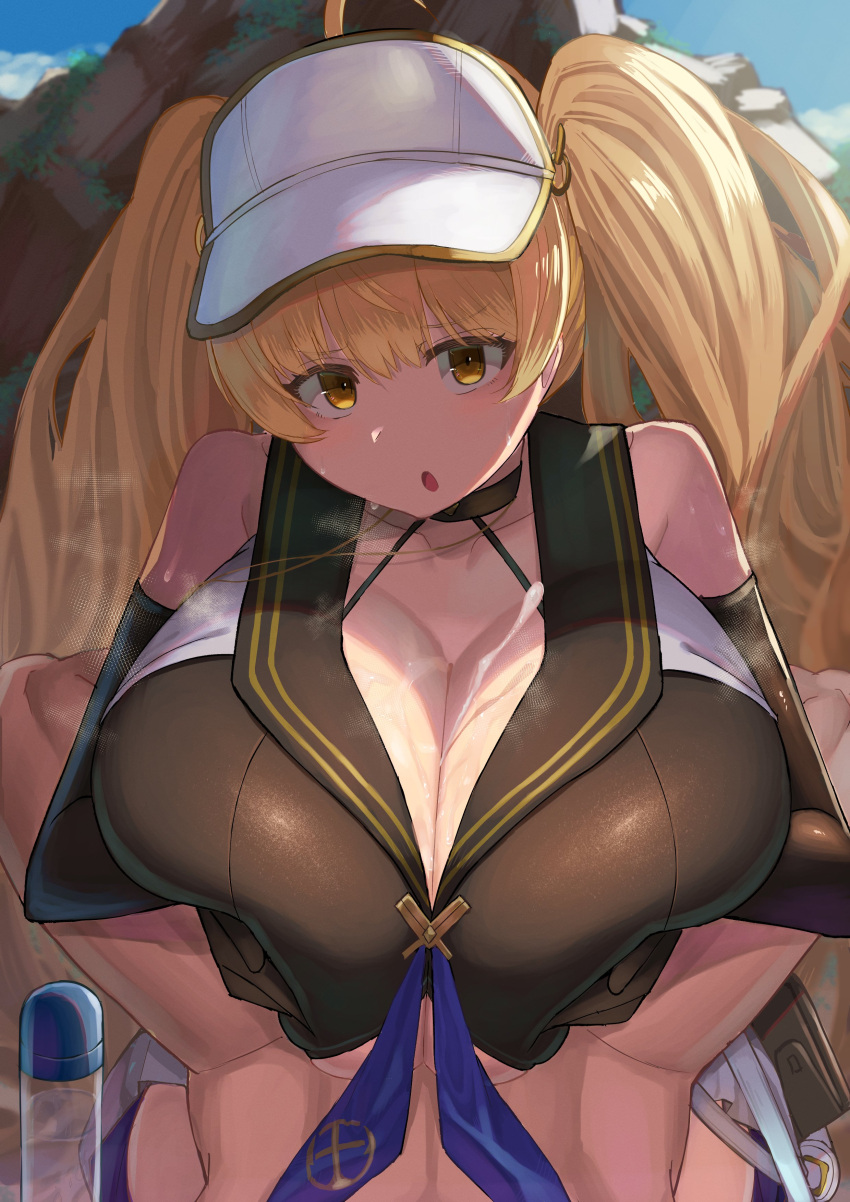 1boy 1girl absurdres black_gloves blonde_hair breast_lift breasts choker commentary cum cum_on_body cum_on_breasts elbow_gloves facominn gloves granblue_fantasy hands_on_own_breasts hat highres huge_breasts implied_paizuri looking_at_viewer monika_weisswind official_alternate_costume open_mouth pov rock shingeki_no_bahamut twintails visor_cap white_headwear yellow_eyes