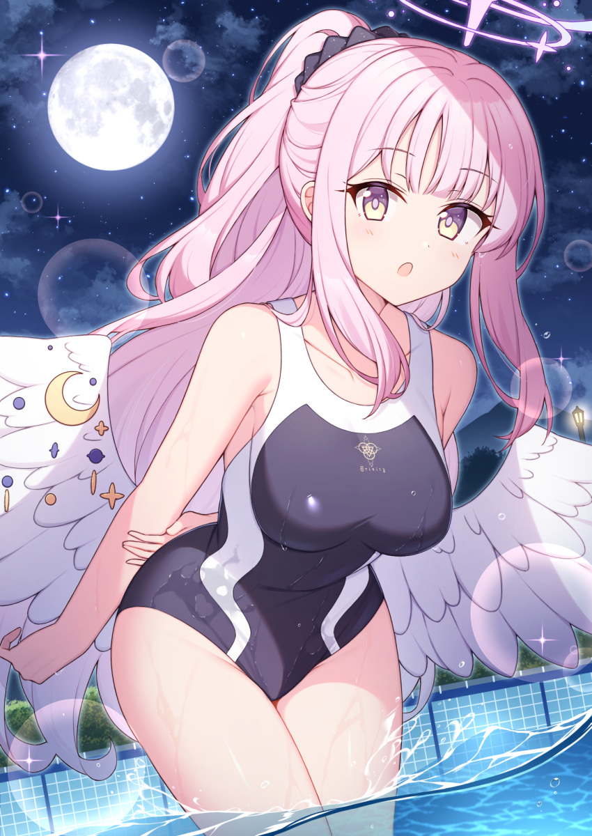 1girl :o arm_behind_back bare_arms bare_shoulders black_one-piece_swimsuit black_scrunchie blue_archive blush breasts brown_eyes cloud collarbone commentary_request crescent feathered_wings full_moon hair_ornament hair_scrunchie halo highres lamppost long_hair looking_at_viewer medium_breasts mika_(blue_archive) moon night night_sky one-piece_swimsuit outdoors parted_lips pink_hair ponytail scrunchie sky solo star_(sky) starry_sky swimsuit t@ke-g very_long_hair water white_wings wings