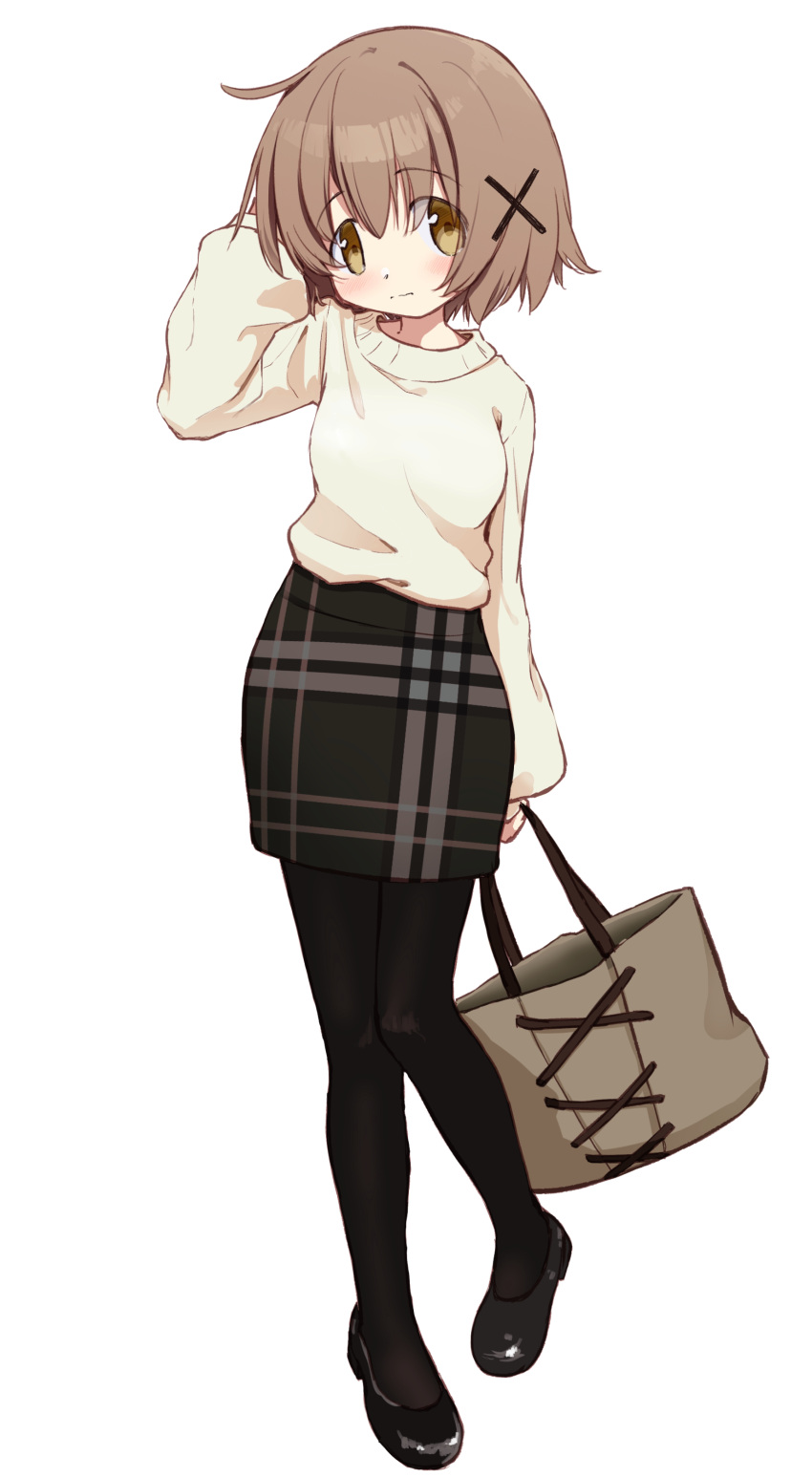 1girl absurdres arm_behind_head arm_up bag blush brown_eyes brown_hair contrapposto flats hair_ornament head_tilt hidamari_sketch highres holding holding_bag looking_at_viewer mary_janes pantyhose pencil_skirt percy_pyl plaid plaid_vest shoes short_hair simple_background skirt solo sweater sweater_tucked_in vest white_background white_sweater x_hair_ornament yuno_(hidamari_sketch)