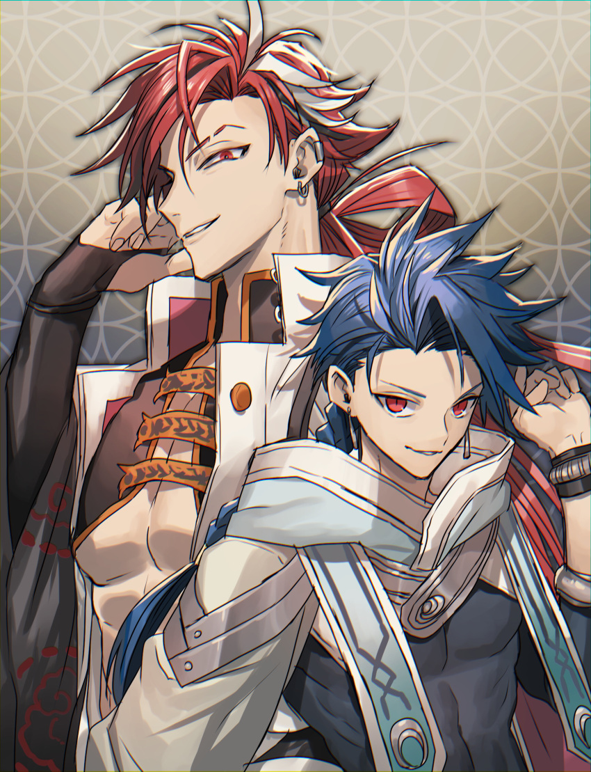 2boys black_hair blue_hair bodysuit bracelet braid braided_ponytail capelet child cu_chulainn_(fate) earrings eyebrow_cut fate/grand_order fate_(series) highres hood hooded_capelet jacket japanese_clothes jewelry long_hair male_focus multicolored_hair multiple_boys muscular muscular_child nagatekkou none_(kameko227) pectorals profile red_eyes red_hair setanta_(fate) smile streaked_hair takasugi_shinsaku_(fate) underpec upper_body white_hair white_jacket