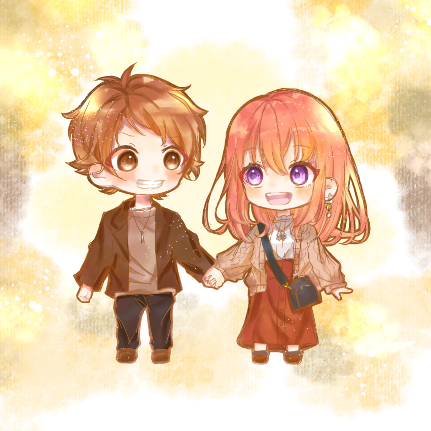 1boy 1girl :d arm_at_side bag black_pants blue_bag blush brown_cardigan brown_eyes brown_footwear brown_hair brown_jacket brown_skirt buttons cardigan casual chibi clenched_hand clover commentary_request couple earrings enomoto_koutarou four-leaf_clover full_body grey_shirt grin hair_between_eyes handbag happy hetero highres holding_hands honeyworks jacket jewelry kokuhaku_jikkou_iinkai lapels long_hair long_skirt long_sleeves looking_at_another looking_to_the_side multicolored_background necklace no_nose open_cardigan open_clothes open_mouth pants paper_texture parted_bangs partial_commentary pendant pink_hair purple_eyes setoguchi_hina shigure_(user_vhpa8874) shirt shoes short_hair skirt sleeves_past_wrists smile standing t-shirt teeth upper_teeth_only white_shirt