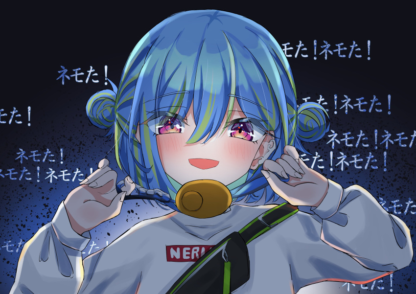 1girl absurdres blue_background blue_hair blush commentary_request crime_prevention_buzzer double_bun eyes_visible_through_hair fingernails gradient_background green_hair hair_between_eyes hair_bun highres long_bangs long_sleeves looking_at_viewer multicolored_hair nanashi_inc. official_alternate_costume open_mouth pink_eyes sakuta1221pc short_hair shukusei!!_loli-gami_requiem single_strap smile solo suzumi_nemo suzumi_nemo_(2nd_costume) sweater two-tone_hair upper_body virtual_youtuber white_sweater