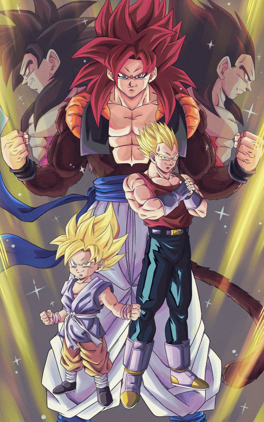 abs biceps black_hair blue_eyes blue_sash body_fur boots buraku_black closed_mouth denim dragon_ball dragon_ball_gt fusion gloves gogeta highres long_hair looking_at_viewer male_focus metamoran_vest monkey_boy monkey_tail multiple_boys muscular muscular_male no_nipples own_hands_clasped own_hands_together pants pectorals red_fur red_hair saiyan sash smile son_goku spiked_hair super_saiyan super_saiyan_1 super_saiyan_4 tail tank_top vegeta white_pants