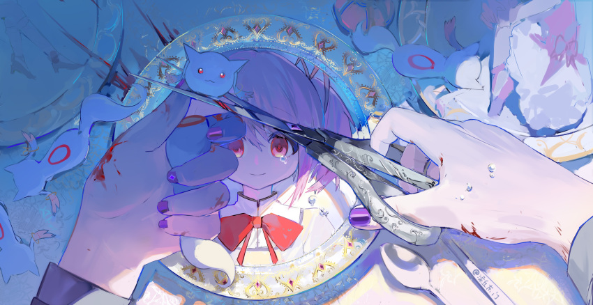 2girls absurdres akemi_homura blood blood_on_hands bow bowtie creature cutting decapitation from_above hair_ribbon highres holding holding_scissors jhtgiu kaname_madoka kyubey mahou_shoujo_madoka_magica mahou_shoujo_madoka_magica_(anime) multiple_girls nail_polish out_of_frame painttool_sai_(medium) pink_hair plate pov pov_hands purple_nails red_bow red_bowtie red_eyes ribbon scissors short_hair short_twintails smile spoon tears twintails