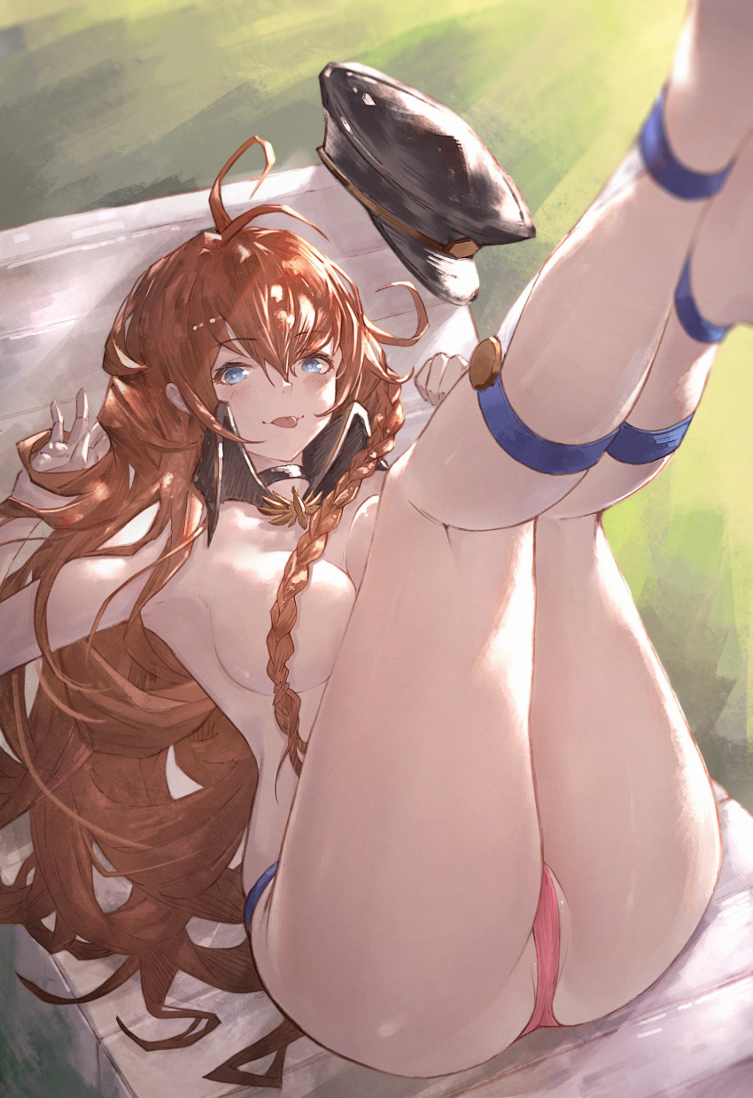 1girl absurdres ahoge ass bikini bikini_bottom_only blue_eyes blurry blush braid breasts bright_pupils brown_hair choker cleavage closed_mouth convenient_censoring depth_of_field detached_collar granblue_fantasy hat hat_removed headwear_removed highres lecia_(granblue_fantasy) lecia_(summer)_(granblue_fantasy) legs_up long_hair looking_at_viewer lying medium_breasts on_back pussy single_braid smile solo swimsuit tongue tongue_out topless white_pupils yu_pian