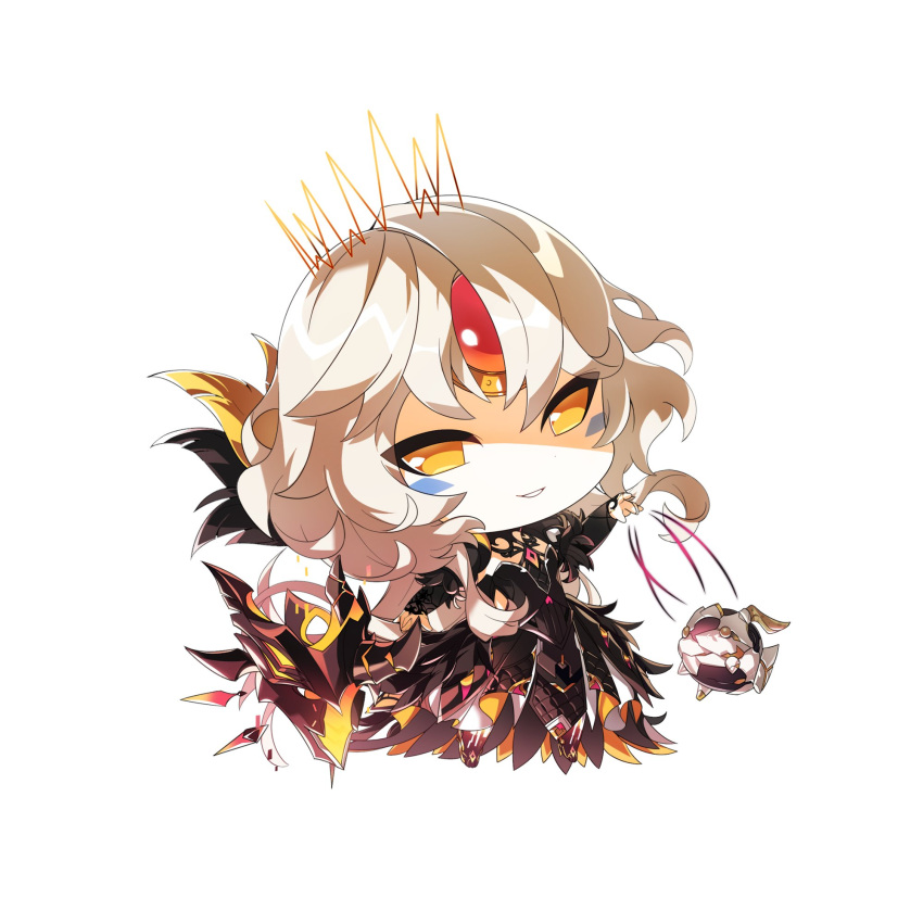 1girl boots chibi cleavage_cutout clothing_cutout code:_antithese_(elsword) commentary_request crown dress elsword energy eve_(elsword) evil_grin evil_smile facial_mark flat_chest gloves grin highres long_hair looking_at_viewer machine marionette moby_(elsword) mulook orange_eyes puppet remy_(elsword) robot simple_background smile teeth wavy_hair white_background white_hair