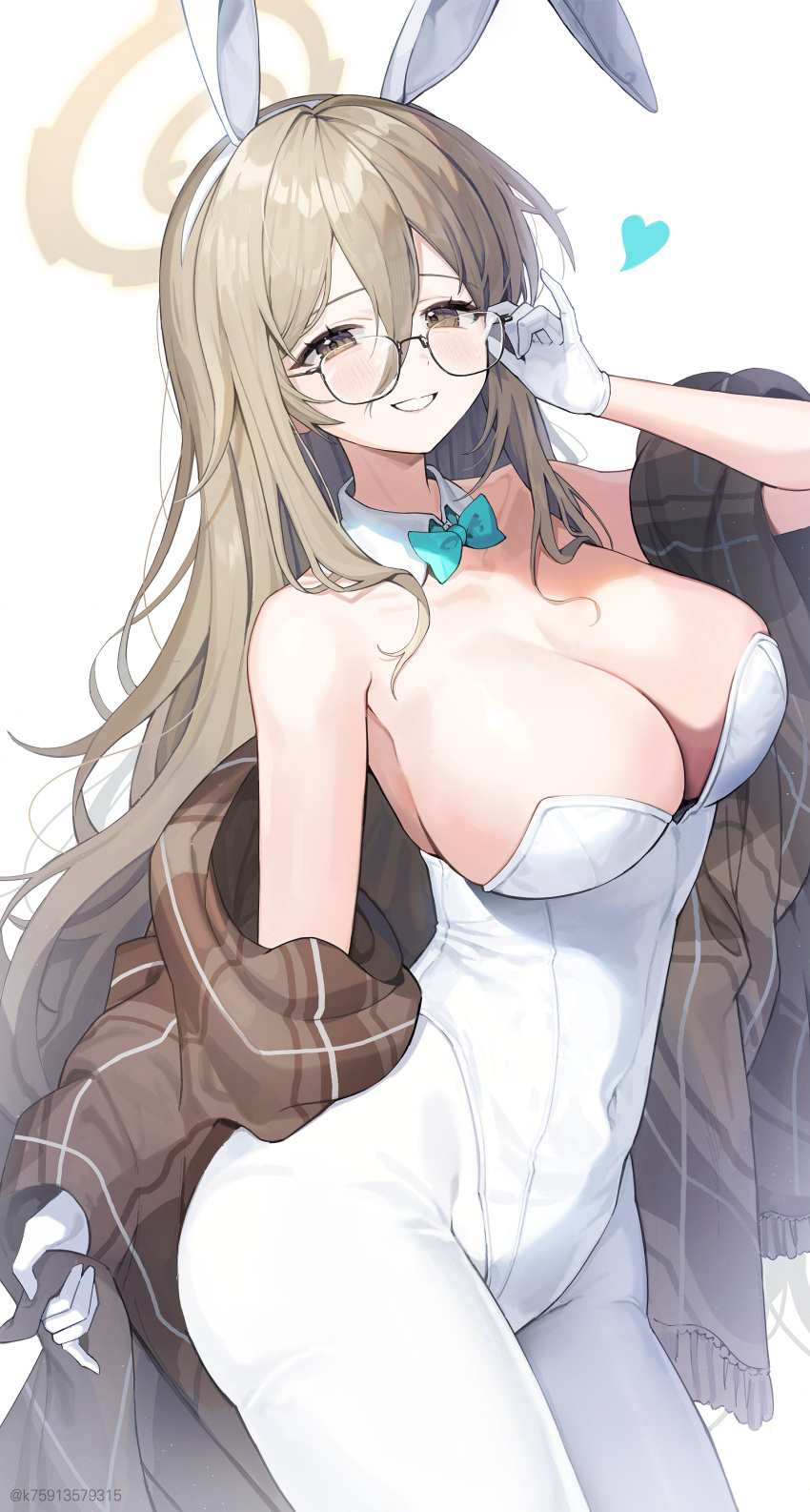 1girl absurdres akane_(blue_archive) akane_(bunny)_(blue_archive) animal_ears blue_archive blush breasts brown_eyes covered_navel cowboy_shot fake_animal_ears glasses hair_between_eyes heart highres large_breasts leotard lerome light_brown_hair long_hair open_mouth panties rabbit_ears simple_background smile solo strapless strapless_leotard underwear white_background white_leotard white_panties