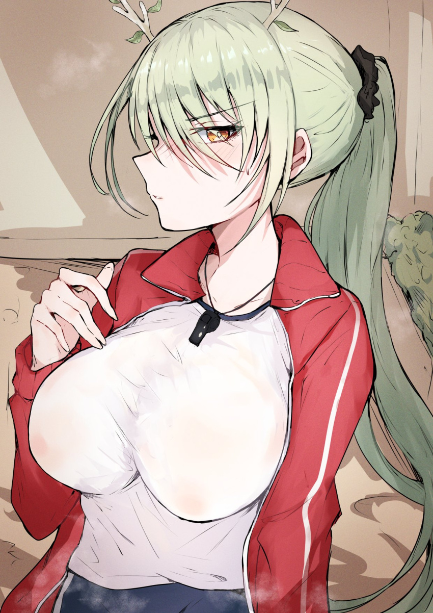 antlers blush breasts ceres_fauna covered_nipples green_hair gym highres hololive hololive_english jumpsuit large_breasts long_hair looking_at_viewer mole mole_under_eye nipples no_bra ponytail red_jumpsuit sak1_01 see-through shirt shorts sportswear sweat sweaty_clothes teacher very_sweaty virtual_youtuber whistle whistle_around_neck white_shirt yellow_eyes