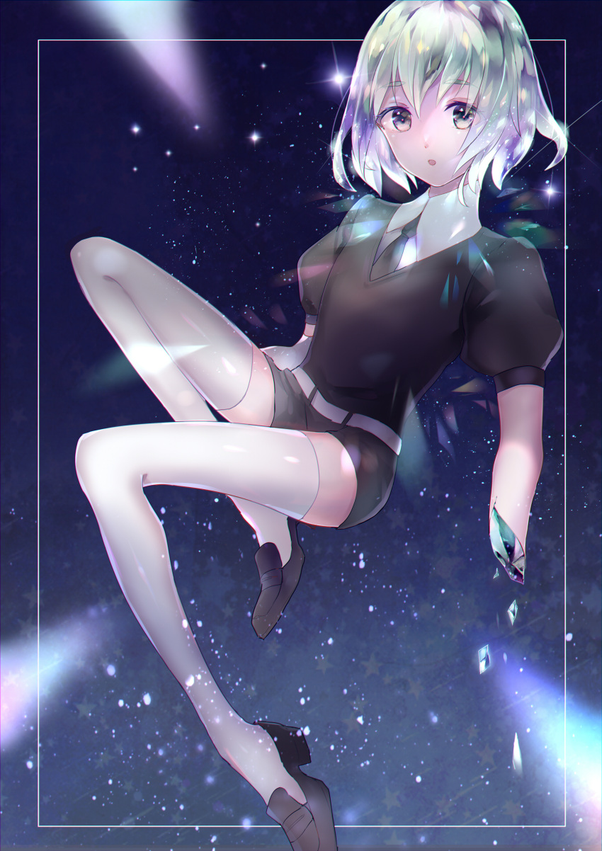 1other absurdres amputee androgynous black_necktie breaking crystal_hair diamond_(houseki_no_kuni) elbow_gloves gem_uniform_(houseki_no_kuni) gloves glowing glowing_hair highres houseki_no_kuni mirin. multicolored_eyes multicolored_hair necktie rainbow_eyes rainbow_hair short_hair short_sleeves shorts solo thighhighs white_thighhighs