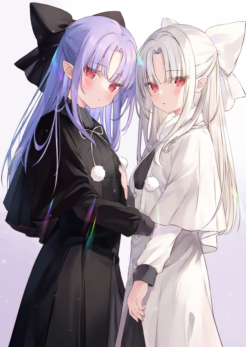 2girls black_bow black_capelet black_dress bow capelet commission dress expressionless hair_bow hakua_aa highres len_(tsukihime) long_hair long_sleeves looking_at_viewer multiple_girls pom_pom_(clothes) purple_hair red_eyes skeb_commission tsukihime white_bow white_capelet white_dress white_hair white_len_(tsukihime)