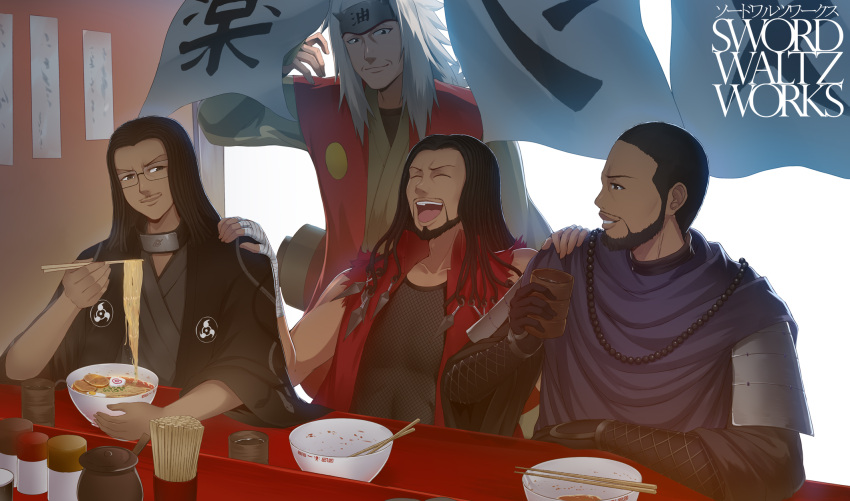 4boys black_hair bowl chopsticks cup drink eating egg egg_(food) facial_mark food forehead_protector hardboiled_egg highres holding holding_bowl holding_chopsticks japanese_clothes jiraiya_(naruto) kamaboko konohagakure_symbol laughing long_hair meat multiple_boys naruto naruto_(series) naruto_shippuuden narutomaki ninja ninja_(final_fantasy) ninja_(ragnarok_online) noodles open_mouth original pork ramen restaurant scroll_tube short_hair soup spiked_hair swordwaltz white_hair