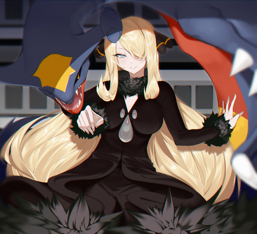 1girl absurdres black_coat black_pants black_sclera blonde_hair breasts chromatic_aberration coat colored_sclera cynthia_(pokemon) film_grain fur_collar fur_trim garchomp grey_eyes hair_ornament hair_over_one_eye highres large_breasts long_hair looking_at_viewer open_mouth pants parted_lips pokemon pokemon_(creature) pokemon_(game) pokemon_dppt raysricey sharp_teeth sidelocks teeth v-neck very_long_hair yellow_eyes