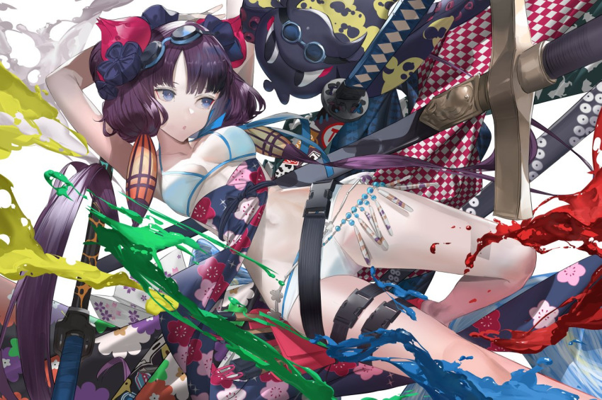 1girl bare_shoulders beads belt bikini blazpu blue_eyes bracelet breasts cleavage collarbone fate/grand_order fate_(series) floral_print goggles goggles_on_head hair_bun hair_ornament jewelry katana katsushika_hokusai_(fate) katsushika_hokusai_(swimsuit_saber)_(fate) long_hair looking_to_the_side medium_breasts navel obi octopus open_mouth paint paint_splatter purple_hair sash sidelocks swimsuit sword thigh_strap thighs tokitarou_(fate) weapon white_bikini