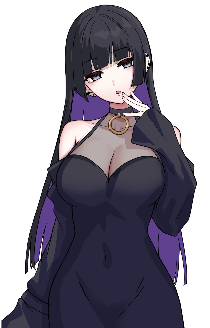 1girl black_choker black_dress bocchi_the_rock! breasts chin_piercing choker cleavage colored_inner_hair covered_navel dress ear_piercing gothic hand_up highres hime_cut kushinaka lip_piercing long_hair multicolored_hair o-ring pa-san piercing two-tone white_background