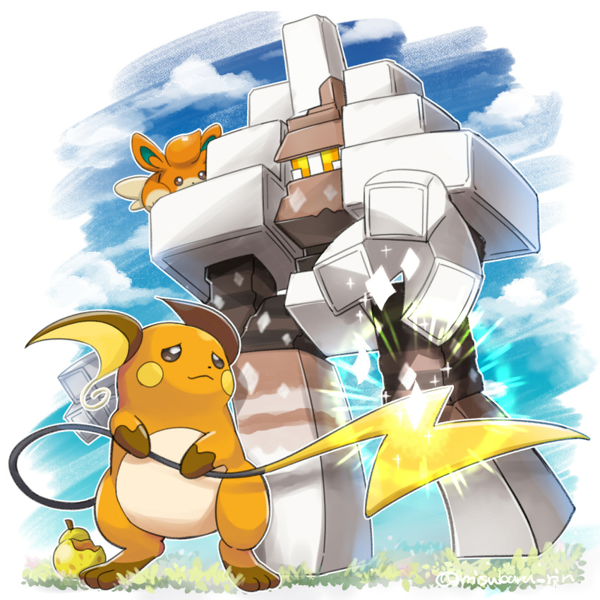 absurdres berry_(pokemon) bright_pupils brown_eyes closed_mouth cloud commentary day garganacl glowing half-closed_eyes highres ms_misubaru_mk2 no_humans outdoors pawmi pokemon pokemon_(creature) raichu sitrus_berry sky standing white_pupils