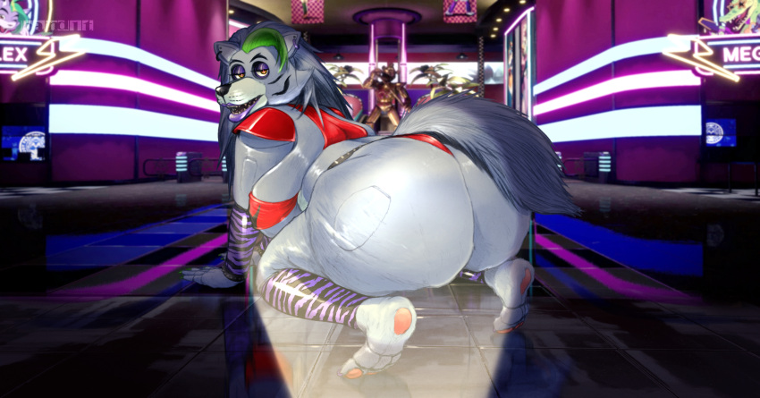 absurd_res all_fours animatronic anthro band1tnsfw big_breasts big_butt breasts butt clothing colored_nails digital_drawing_(artwork) digital_media_(artwork) eyeshadow female female_anthro five_nights_at_freddy's five_nights_at_freddy's:_security_breach flashlight fur glowing glowing_eyes green_hair green_nails grey_body grey_fur hair hi_res lips long_hair looking_at_viewer machine makeup nails orange_eyes overweight overweight_anthro overweight_female portrait purple_eyeshadow purple_lips purple_nails red_clothing robot roxanne_wolf_(fnaf) scottgames solo steel_wool_studios thick_thighs wide_hips