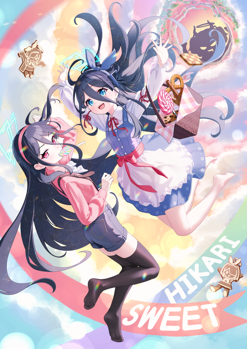 &lt;key&gt;_(blue_archive) 2girls absurdly_long_hair absurdres ahoge apron aris_(blue_archive) arona_(blue_archive) barefoot basket black_hair black_shorts black_thighhighs blue_archive blue_dress blue_eyes blue_hairband blue_halo blush candy collared_shirt cookie dress food frilled_apron frills gingerbread_man hairband halo highres lollipop long_hair long_sleeves mouth_hold multiple_girls open_mouth pinafore_dress pink_hairband pink_shirt plana_(blue_archive) red_eyes ringed_eyes shirt shorts sleeveless sleeveless_dress smile supersugar thighhighs very_long_hair white_apron white_shirt yuuka_(blue_archive)