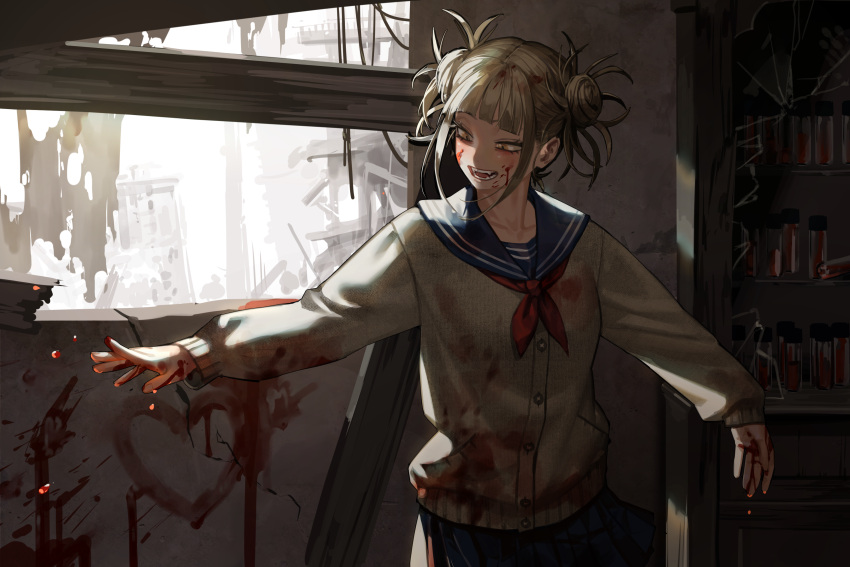 1girl abandoned absurdres bags_under_eyes blonde_hair blood blood_drop blood_in_hair blood_on_clothes blood_on_face blood_on_hands blood_on_wall blood_stain blue_sailor_collar blunt_bangs blush boku_no_hero_academia broken_glass building buttons byeolmu cardigan commentary container cracked_glass dilapidated double_bun english_commentary eyebrows_hidden_by_hair eyelashes fangs glass hair_bun hands_up happy heart highres indoors light long_sleeves looking_at_hand looking_down looking_to_the_side messy_hair narrowed_eyes neckerchief open_mouth outstretched_arms outstretched_hand parted_hair plank pleated_skirt pocket red_neckerchief sailor_collar school_uniform serafuku shelf short_hair sidelighting sidelocks skirt slit_pupils smile solo spread_arms standing toga_himiko turning_head upper_body vial yellow_cardigan yellow_eyes