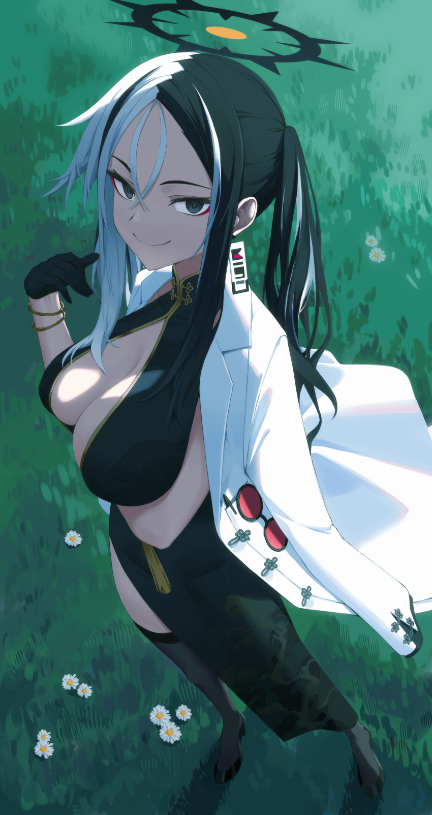 1girl absurdres black_dress black_eyes black_gloves black_hair black_thighhighs blue_archive bracelet breasts cleavage closed_mouth dress full_body gaoqiaoyuyin_takahashi gloves grass halo highres jacket jacket_on_shoulders jewelry large_breasts looking_at_viewer multicolored_hair outdoors pelvic_curtain sidelocks sleeveless sleeveless_dress smile solo standing thighhighs twintails two-tone_hair white_hair white_jacket
