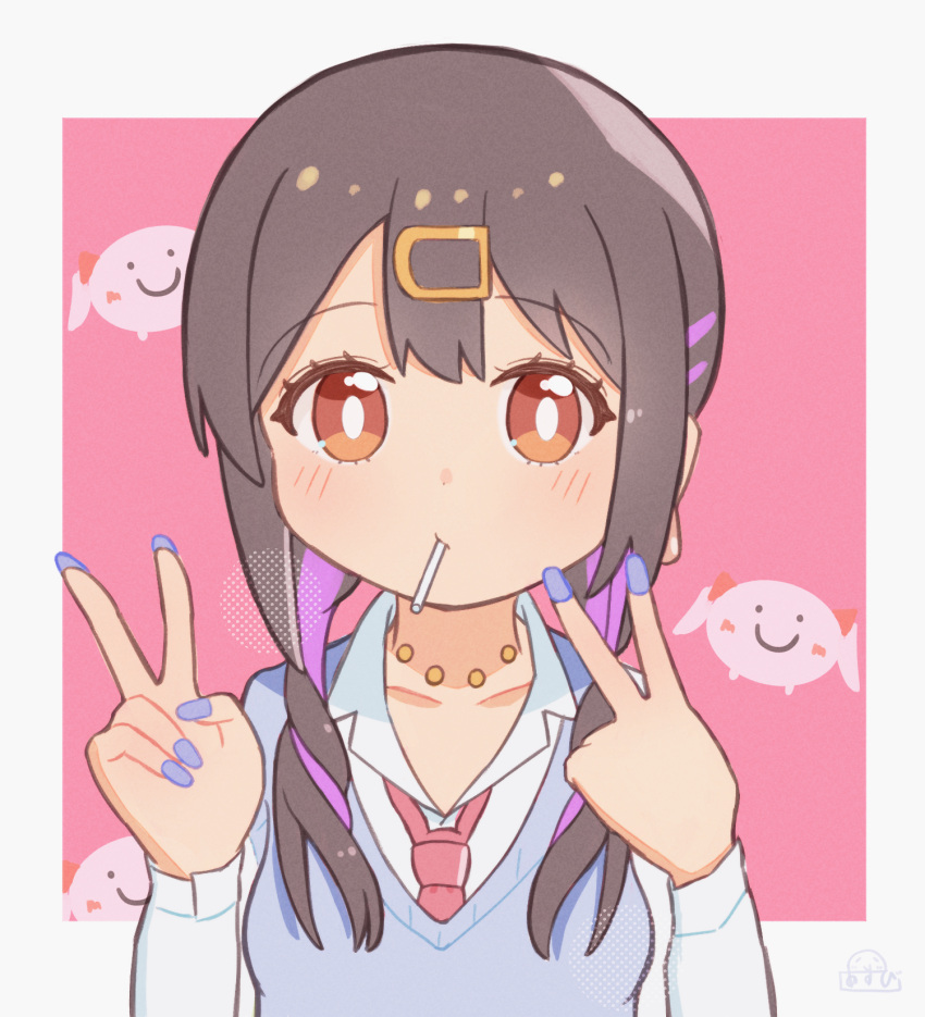 1girl black_hair blue_nails blue_vest brown_eyes c: candy collarbone commentary food food_in_mouth gyaru hair_between_eyes hair_ornament hair_over_shoulder hairclip highres inward_v jewelry light_blush lollipop long_sleeves looking_at_viewer low_twintails multicolored_hair nail_polish necklace necktie official_alternate_costume omochi_tabeyo97 onii-chan_wa_oshimai! oyama_mihari pink_background purple_hair red_necktie shirt simple_background smile solo twintails two-tone_hair upper_body v vest white_shirt