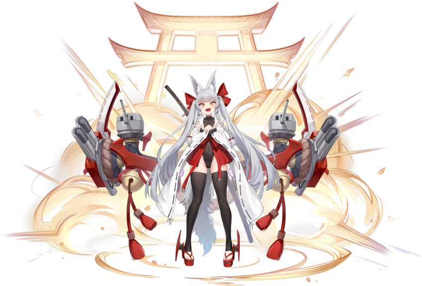 1girl animal_ear_fluff animal_ears asanagi asanagi_(azur_lane) ass_visible_through_thighs azur_lane black_thighhighs blunt_bangs braid breasts clothing_cutout crossed_arms detached_sleeves fangs fingerless_gloves full_body gloves hair_ornament highres japanese_clothes katana leotard long_hair long_legs looking_at_viewer mesugaki name_connection navel_cutout official_art open_mouth orange_eyes ribbon-trimmed_sleeves ribbon_trim rigging sakura_empire_(emblem) sheath sheathed short_eyebrows side_braid skindentation small_breasts solo sword tail thighhighs toeless_legwear torpedo very_long_hair weapon weapon_on_back wide_sleeves