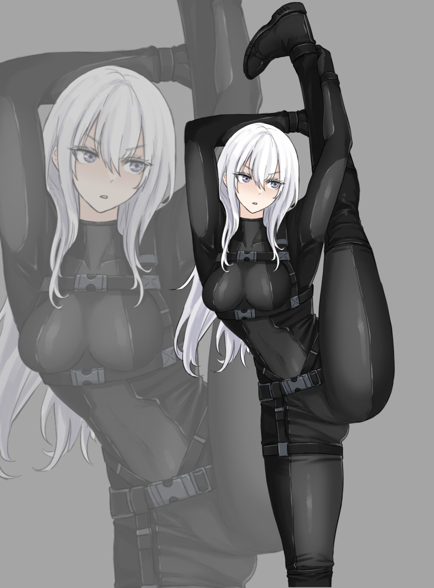 1girl bodysuit breasts cowboy_shot flexible fuku_(fuku12290574) grey_background grey_eyes highres kneepits leg_hold leg_lift leg_up medium_breasts medium_hair military original solo split standing standing_on_one_leg standing_split white_hair zoom_layer