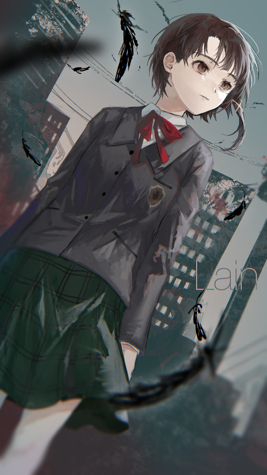 1girl arms_at_sides black_feathers blazer blurry blurry_foreground bow bowtie breasts brown_eyes brown_hair building character_name city closed_mouth commentary depth_of_field dress_shirt dutch_angle expressionless falling_feathers feathers floating_hair green_skirt grey_jacket grey_sky hair_ornament hair_strand highres iwakura_lain jacket long_sleeves looking_afar looking_to_the_side messy_hair outdoors overcast pd_ta1 plaid plaid_skirt power_lines red_bow red_bowtie red_ribbon ribbon school_uniform serial_experiments_lain shirt short_hair single_sidelock skirt sky skyscraper small_breasts solo standing utility_pole very_short_hair white_shirt wind x_hair_ornament