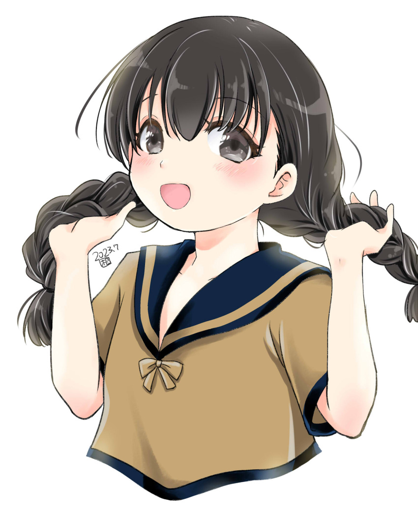 1girl black_eyes black_hair blue_sailor_collar braid brown_shirt cropped_torso highres kantai_collection landing_ship_no._101_(kancolle) long_hair low_twintails matsuura@parao sailor_collar school_uniform serafuku shirt simple_background smile solo twin_braids twintails upper_body white_background