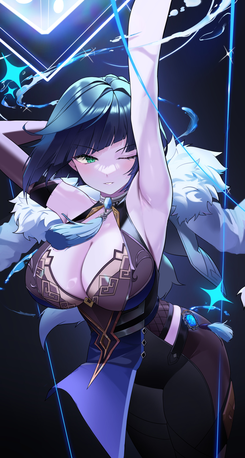 1girl absurdres armpits arms_up asymmetrical_gloves bare_shoulders bead_choker blue_hair blush bob_cut breasts cleavage diagonal_bangs dice elbow_gloves feather-trimmed_jacket feather_collar fur-trimmed_jacket fur_trim genshin_impact gloves green_eyes highres jacket jacket_on_shoulders jewelry large_breasts mismatched_gloves mole mole_on_breast neck_tassel one_eye_closed parted_lips presenting_armpit short_hair single_elbow_glove smile solo sungnyung15 tassel_choker vision_(genshin_impact) waist_cutout yelan_(genshin_impact)