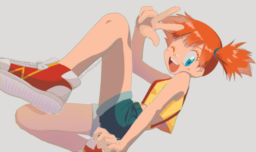 1girl :d blue_eyes blue_hairband colored_eyelashes commentary_request crop_top eyelashes grey_background hairband highres looking_at_viewer misty_(pokemon) one_eye_closed open_mouth orange_hair pokemon pokemon_(anime) pokemon_(classic_anime) red_footwear shoes shorts side_ponytail signature simple_background sleeveless smile sneakers solo solo_focus suspenders teeth umebosibakari2 upper_teeth_only v