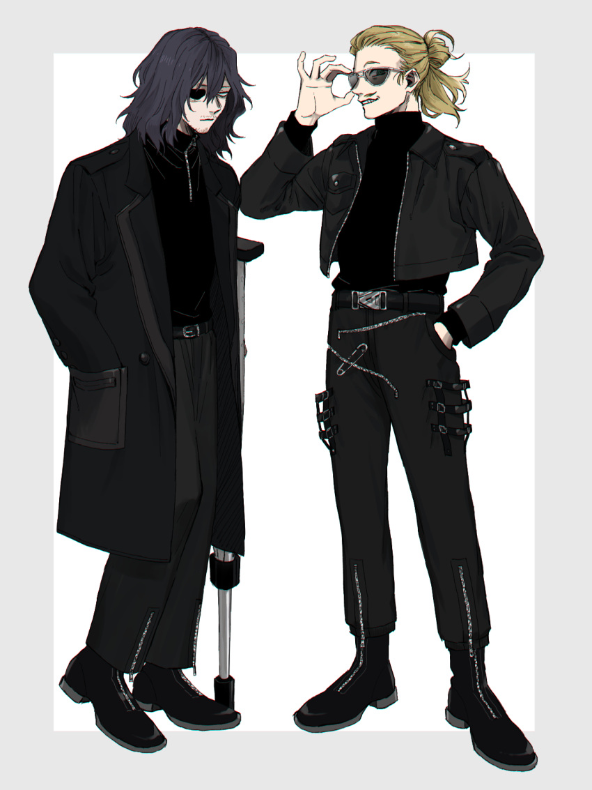 2boys adjusting_clothes adjusting_headwear alternate_costume bags_under_eyes belt black_belt black_coat black_footwear black_hair black_jacket black_pants black_shirt blonde_hair boku_no_hero_academia border coat crutch eraser_head_(boku_no_hero_academia) eyepatch facial_hair full_body goatee grey_border hair_between_eyes hand_in_pocket highres jacket long_sleeves male_focus multiple_boys mustache pants present_mic rnuyvm safety_pin scar scar_on_face shirt solo tinted_eyewear white-framed_eyewear zipper zipper_footwear zipper_pull_tab