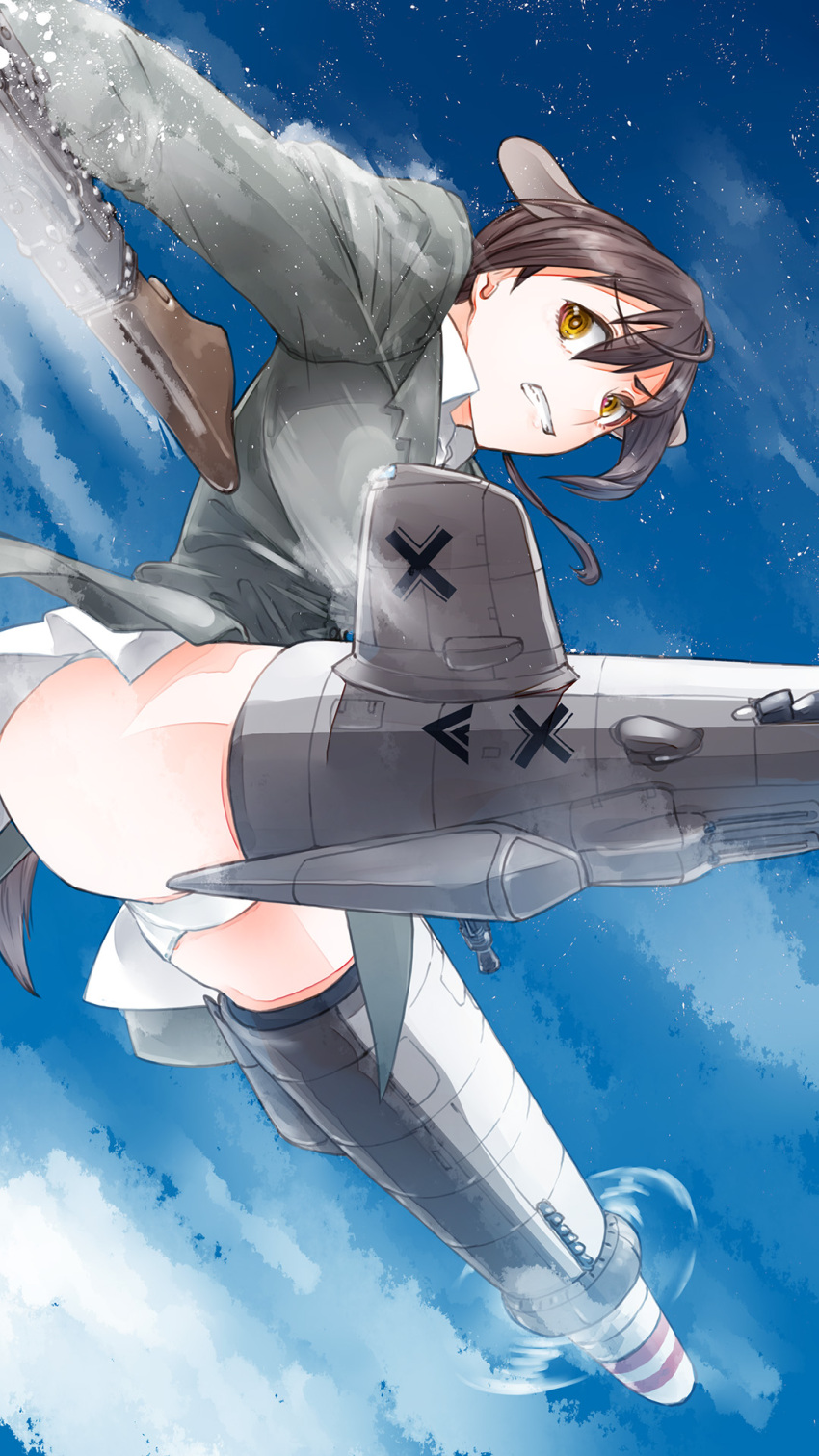 1girl animal_ears blue_sky brown_eyes brown_hair cloud cloudy_sky commentary dog_ears dog_tail flying frown gertrud_barkhorn grey_jacket grimace gun highres holding holding_gun holding_weapon jacket kaya_(nari1-24) legs_up long_hair looking_at_viewer machine_gun mg42 military military_uniform miniskirt motion_blur panties pleated_skirt skirt sky solo strike_witches striker_unit tail twintails underwear uniform weapon white_panties white_skirt world_witches_series