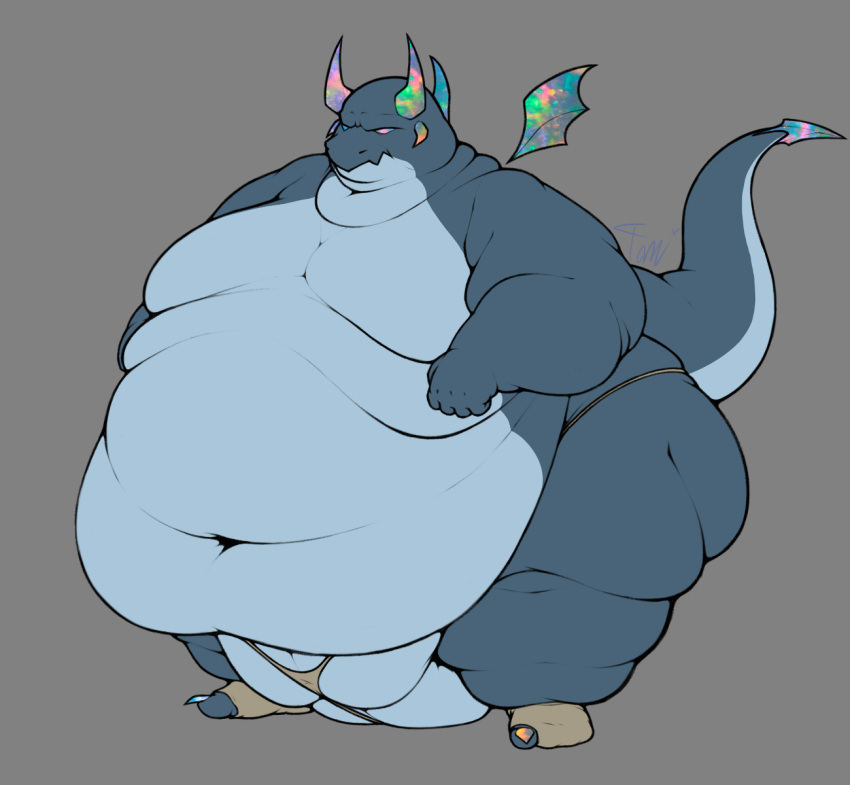 anthro clothing dragon footwear fupa gargoyle gervil_(taniwah) hi_res male obese obese_male overweight overweight_male socks solo taniwah thong torn_clothing torn_footwear torn_socks underwear wings