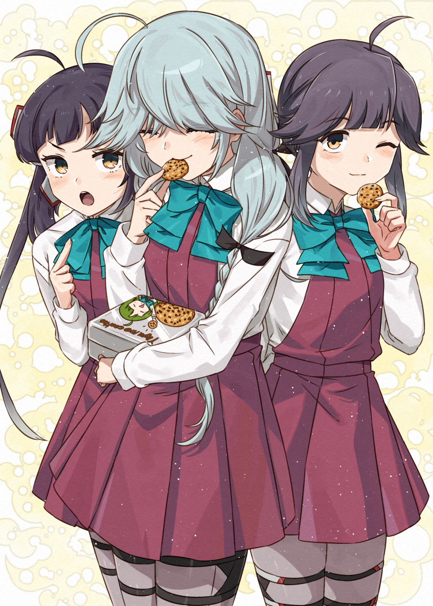 3girls absurdres aqua_bow aqua_bowtie black_hair bow bowtie braid brown_eyes collared_shirt dress fujinami_(kancolle) grey_hair hamanami_(kancolle) hayanami_(kancolle) highres kanmiya_shinobu kantai_collection long_hair long_sleeves multiple_girls pleated_dress purple_dress shirt short_hair single_braid sleeveless sleeveless_dress white_shirt