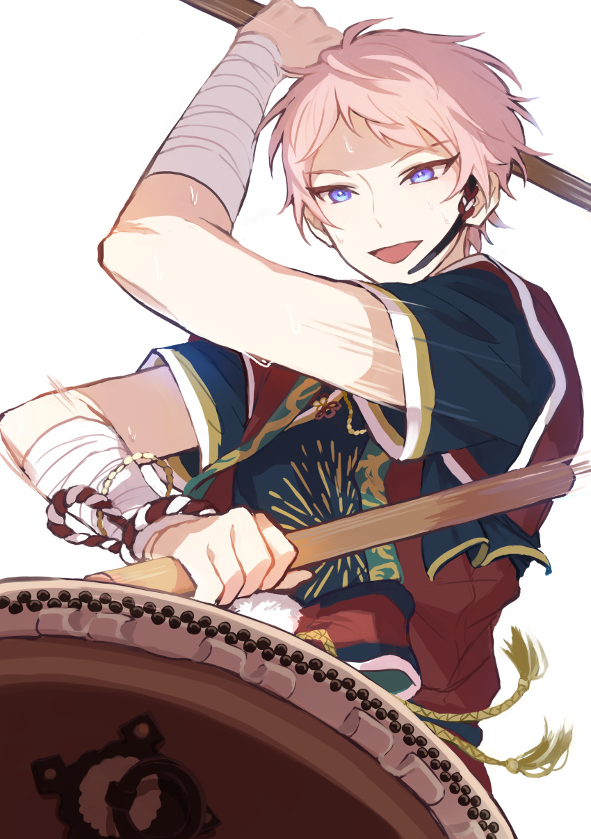 1boy absurdres arm_up bandaged_arm bandages commentary_request ensemble_stars! headset highres holding itsuki_shu male_focus motion_blur open_mouth pink_eyes purple_eyes short_bangs short_hair short_sleeves solo upper_body wednesday_108 white_background