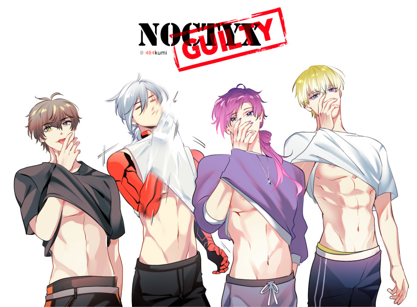 404kumi 4boys alban_knox black_pants black_shirt blonde_hair blue_eyes brown_hair closed_eyes clothes_lift fulgur_ovid grey_hair grey_pants guilty_challenge_(meme) heterochromia highres jewelry male_focus male_underwear meme midriff multiple_boys navel necklace nijisanji nijisanji_en nipples noctyx pants purple_eyes purple_hair purple_shirt shirt shirt_lift short_hair sonny_brisko stomach tongue tongue_out uki_violeta underwear virtual_youtuber white_shirt