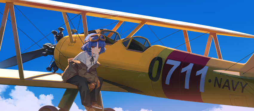 1girl absurdres aircraft airplane biplane blue_hair blue_sky bocchi_the_rock! brown_footwear brown_gloves brown_jacket cloud day gloves goggles goggles_on_head highres jacket jl_tan looking_at_viewer medium_hair military military_vehicle outdoors propeller shirt sky solo vehicle_focus white_shirt yamada_ryou yellow_eyes