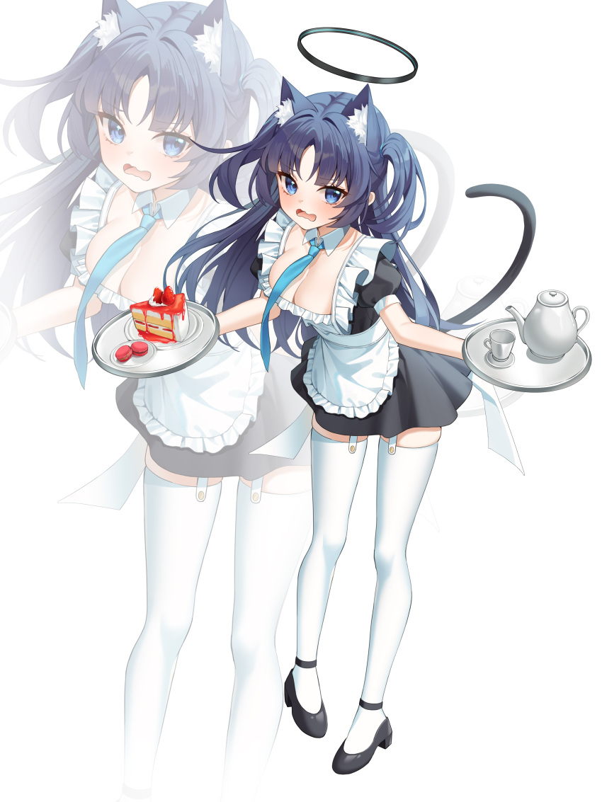 1girl absurdres alternate_costume animal_ear_fluff animal_ears apron black_dress black_footwear black_halo blue_archive blue_eyes blue_hair blue_necktie blush breasts cake cake_slice cat_ears cleavage collar cup detached_collar dress enmaided food frilled_apron frills halo highres holding holding_tray large_breasts long_hair looking_at_viewer macaron maeng-i_(meng-e) maid maid_apron mechanical_halo necktie open_mouth parted_bangs plate puffy_short_sleeves puffy_sleeves short_sleeves simple_background solo standing teapot thighhighs tray two_side_up wavy_mouth white_apron white_background white_collar white_thighhighs yuuka_(blue_archive) zoom_layer