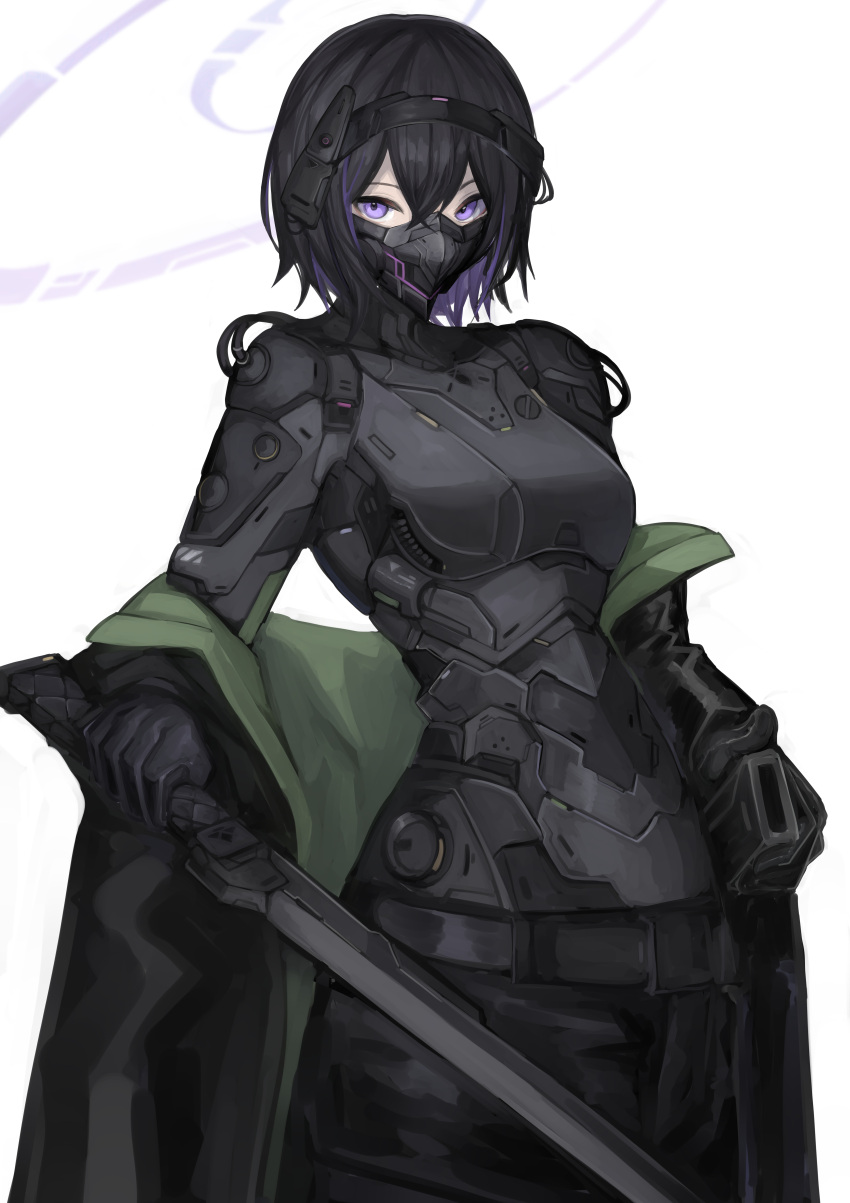 1girl absurdres aokuma_(yuuran_create) armored_bodysuit black_hair bodysuit bodysuit_under_clothes cable highres holding holding_sword holding_weapon looking_at_viewer mask mouth_mask off_shoulder original pants purple_eyes sheath short_hair solo sword unsheathed weapon white_background