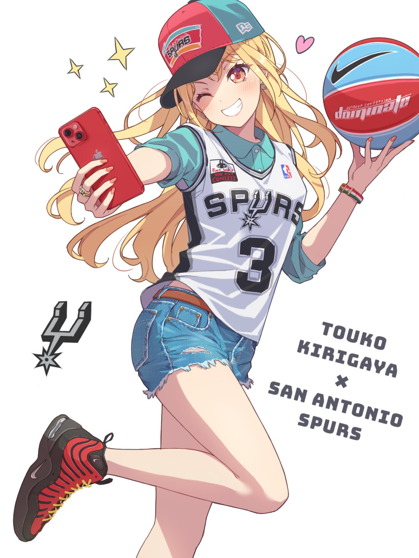 1girl :d ball bang_dream! basketball basketball_(object) basketball_court basketball_hoop basketball_jersey basketball_uniform blonde_hair blush brown_eyes hair_between_eyes highres kirigaya_toko long_hair looking_at_viewer marco_belinelli national_basketball_association open_mouth playing_sports san_antonio_spurs smile solo sportswear yazawa_happyaro