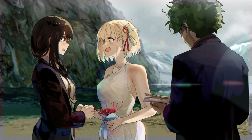 1boy 2girls black_hair blonde_hair commentary day dress english_commentary flower formal funi_mu9 green_hair hair_ribbon highres inoue_takina long_hair lycoris_recoil majima_(lycoris_recoil) mission:_impossible mountain multiple_girls nishikigi_chisato open_mouth outdoors overcast parody red_eyes red_flower red_ribbon ribbon short_hair sky spider_lily suit valley wedding wife_and_wife yuri
