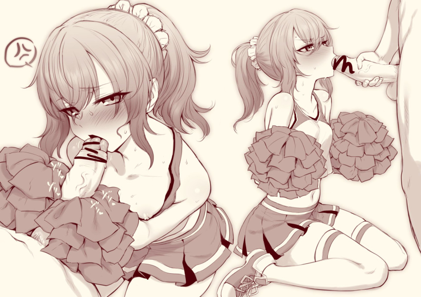 1boy 1girl anger_vein bare_shoulders blush breasts censored cheerleader collarbone erection fellatio genderswap genderswap_(otf) hair_between_eyes handjob hetero highres holding holding_pom_poms large_penis licking licking_penis long_hair looking_at_viewer m-da_s-tarou masturbation midriff miniskirt multiple_views navel nipples open_mouth oral penis pleated_skirt pom_pom_(cheerleading) ponytail pov rimuru_tempest shirt shoes sitting skirt sleeveless small_breasts sneakers sweat tensei_shitara_slime_datta_ken thighhighs thighs tongue tongue_out two-handed_handjob veins veiny_penis wariza