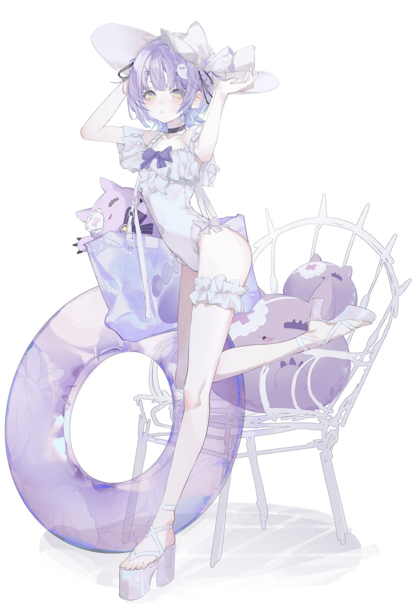 1girl :o arms_up bag black_choker black_ribbon blue_hair blush bow cat chair choker collarbone covered_navel feet frilled_one-piece_swimsuit frills full_body gradient_hair hair_ornament hair_ribbon hairclip hand_on_headwear hands_on_headwear hat hat_bow hat_ribbon high_heels highleg highres holding innertube leg_up legs looking_at_viewer multicolored_hair one-piece_swimsuit parted_lips platform_footwear purple_bow purple_hair ribbon shinomiya_runa short_hair shoulder_bag simple_background standing standing_on_one_leg stuffed_toy suimin_(sui_0y0) sun_hat swimsuit thigh_strap thighs toes virtual_youtuber vspo! white_background white_bow white_footwear white_headwear white_one-piece_swimsuit yellow_eyes
