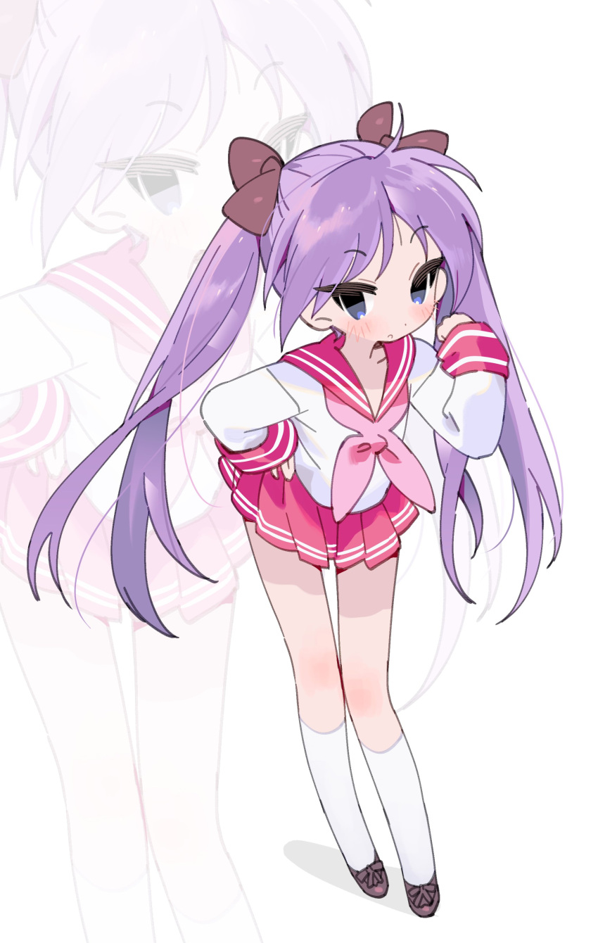 1girl absurdres blue_eyes blush bow brown_bow brown_footwear collarbone dot_nose double_horizontal_stripe flat_chest full_body hair_bow hand_on_own_hip hand_up highres hiiragi_kagami light_purple_hair loafers long_hair long_sleeves looking_at_viewer lucky_star miniskirt neckerchief no_pupils open_mouth parted_bangs pink_neckerchief pleated_skirt red_sailor_collar red_skirt ryouou_school_uniform sailor_collar school_uniform seoji shirt shoes short_eyebrows simple_background skirt sleeves_past_wrists socks solo standing straight_hair tsurime twintails very_long_hair white_background white_shirt white_socks winter_uniform zoom_layer