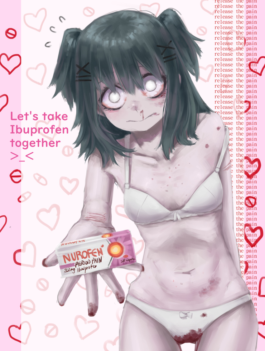 1girl absurdres blood bright_pupils diu9you drugs english_text green_hair hair_ornament hairpin highres ibuprofen lacey's_diner lacey_(lacey's_diner) let's_take_ibuprofen_together_(meme) meme menstruation nosebleed off_shoulder short_twintails twintails white_pupils wide-eyed wrist_cutting