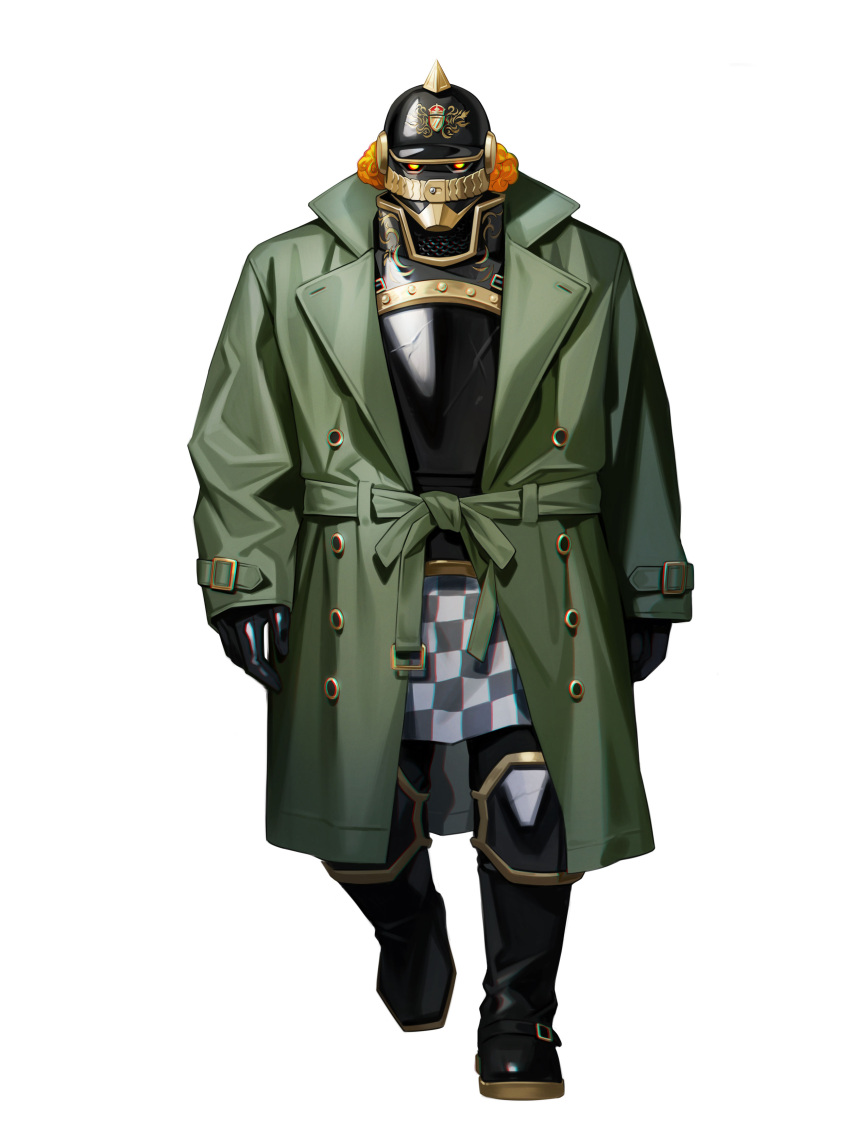 1boy absurdres armor black_footwear black_gloves black_headwear boots breastplate brown_coat checkered_clothes coat facing_viewer full_body gloves highres himmel_(allsky83) knee_boots long_sleeves mask original simple_background solo white_background