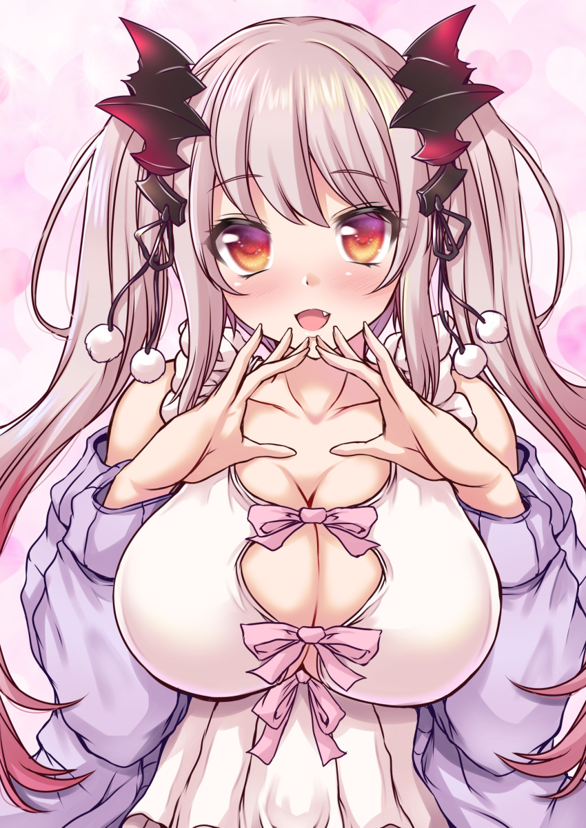 1girl :d babydoll blush bow breasts brown_eyes cleavage commentary_request demon_girl fang gradient_hair grey_horns heart heart-shaped_pupils highres indie_virtual_youtuber jacket large_breasts long_hair looking_at_viewer medium_bangs multicolored_hair nonnon_(yudenonno) off_shoulder open_clothes open_jacket open_mouth pink_background pink_bow pink_hair purple_jacket sidelocks smile solo suou_patra symbol-shaped_pupils twintails upper_body virtual_youtuber white_babydoll