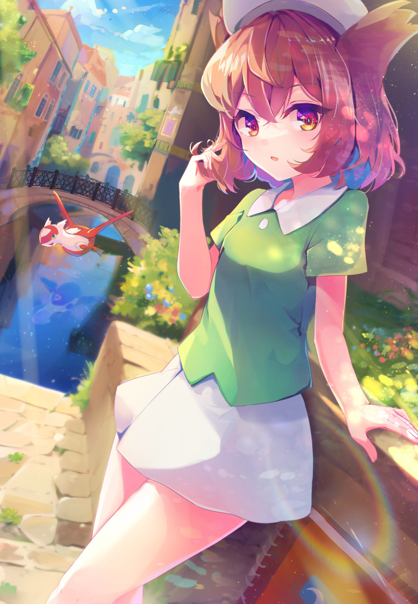 1girl absurdres arm_support beret bianca_(pokemon_heroes) bridge brown_hair building canal cloud commentary_request day dennryuurai fence green_shirt hair_between_eyes hair_twirling hand_up hat highres latias looking_at_viewer medium_hair outdoors parted_lips pokemon pokemon_(anime) pokemon_(classic_anime) pokemon_(creature) pokemon_heroes:_latios_&amp;_latias shirt short_sleeves sketchbook sky standing