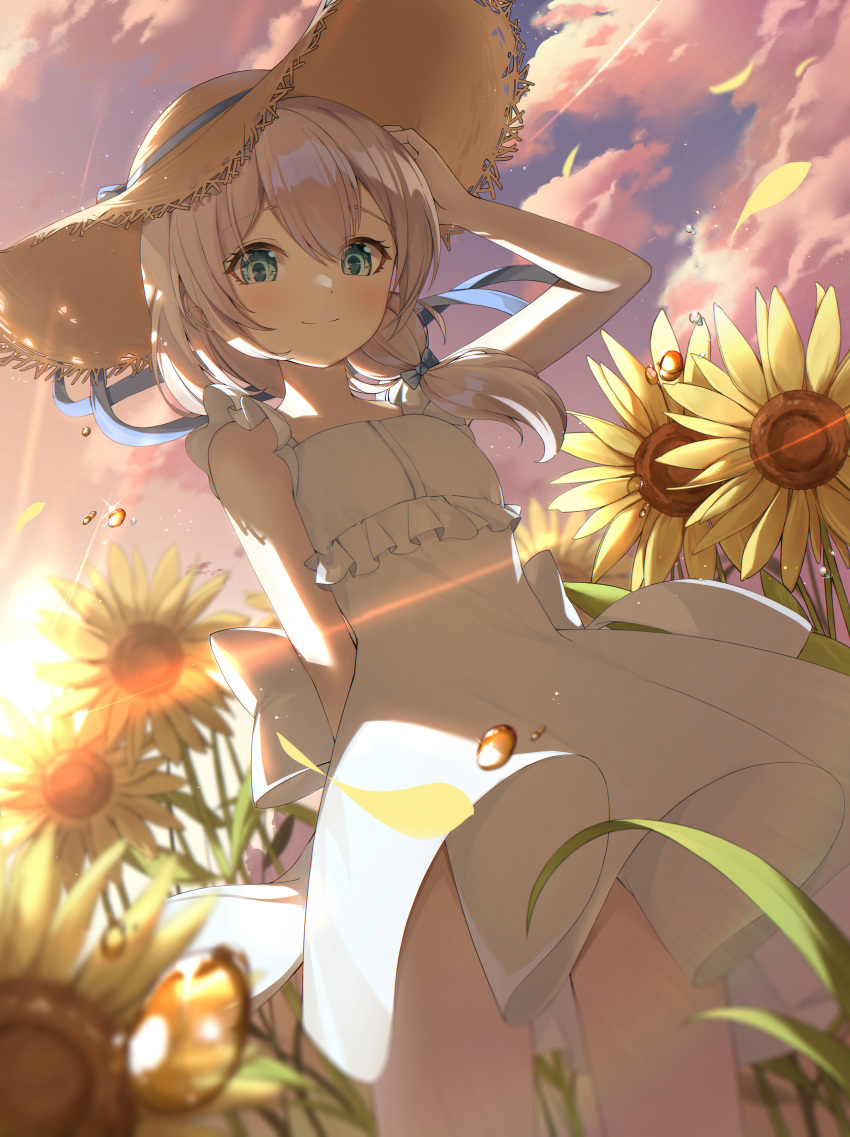 1girl absurdres bare_shoulders blue_eyes blush cloud dress flower gr_greeze grey_hair hair_between_eyes hair_ornament hat highres honkai_(series) honkai_impact_3rd long_hair looking_at_viewer outdoors side_ponytail sky sleeveless sleeveless_dress smile solo straw_hat sun_hat sundress sunflower theresa_apocalypse white_dress white_hair